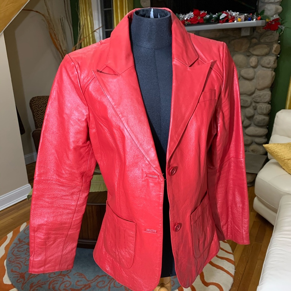 Red tailored fit leather blazer